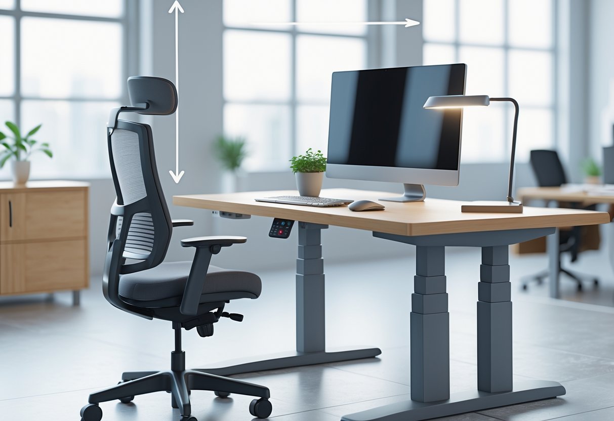 A modern office desk with an adjustable height, an ergonomic chair, a monitor at eye level, and a laptop on a stand in a bright office space.