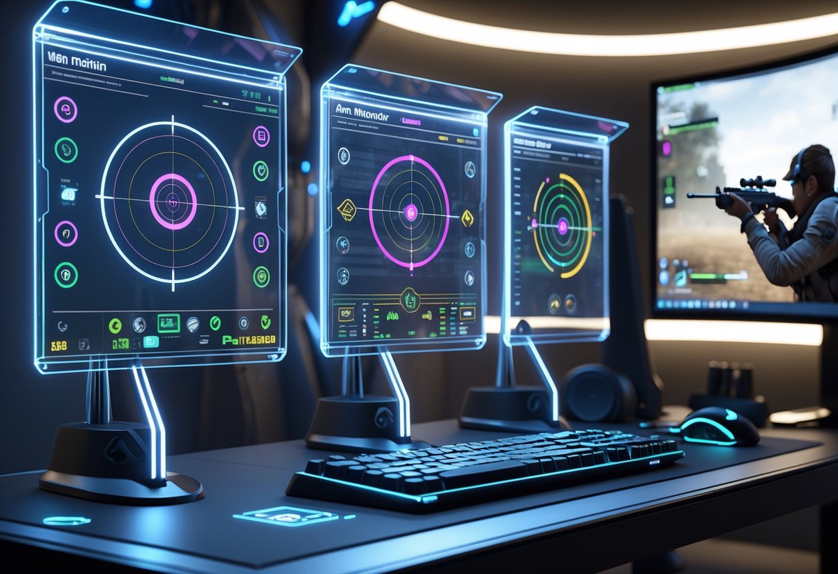 A gaming setup with three holographic aim trainer screens above a desk, a gaming mouse and keyboard, and a large monitor showing a first-person shooter game.