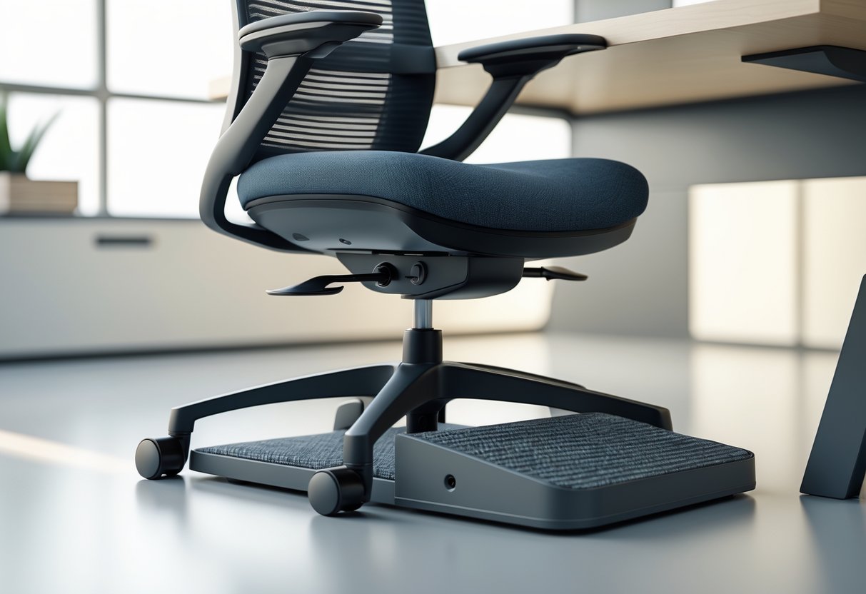 An office chair with a foot support positioned in front of it, arranged to align with a desk for comfortable working height.