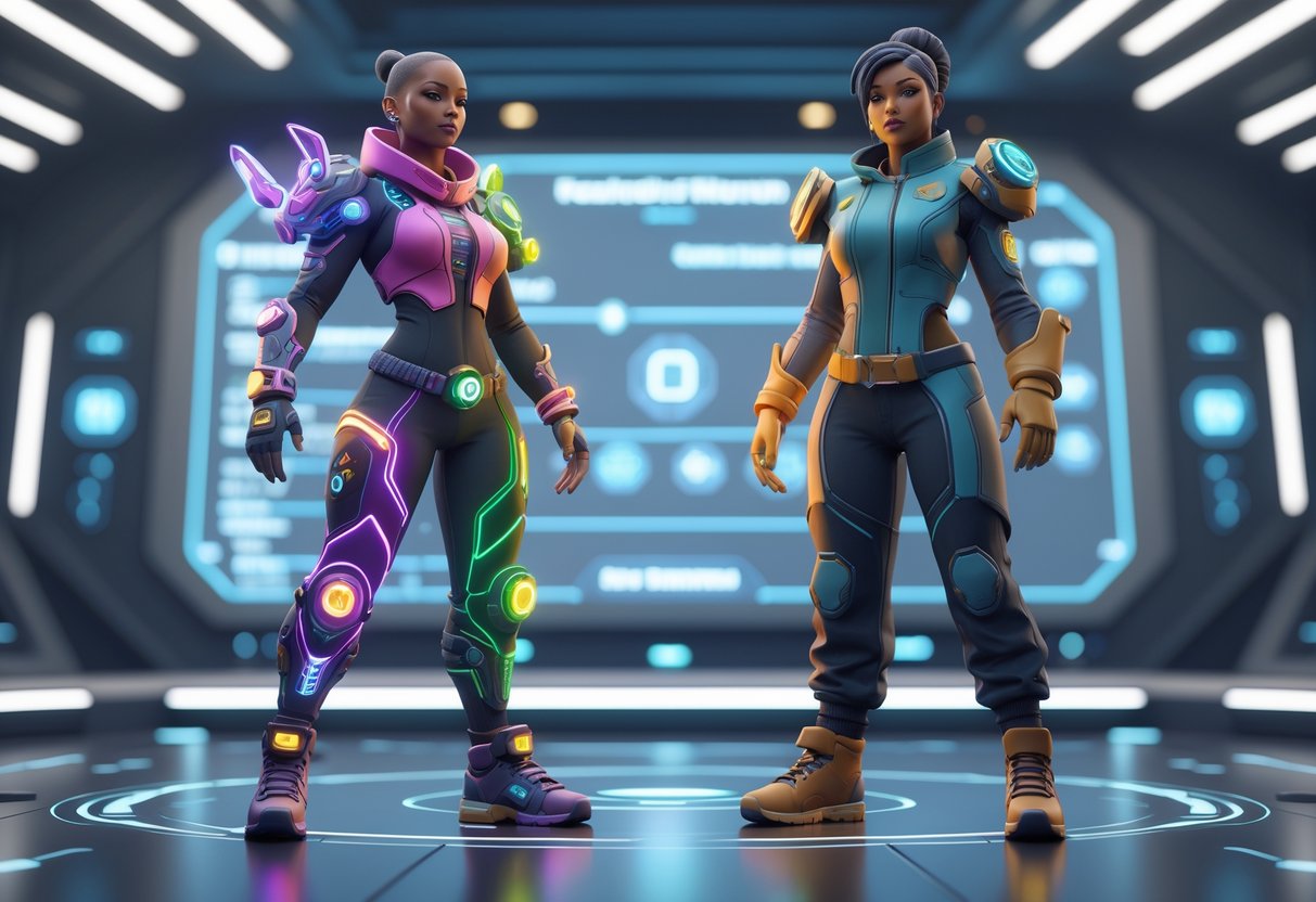 Two futuristic humanoid trainers standing side by side on a digital platform, one with unique personalised gear and the other with standardised community-designed outfit, in a high-tech virtual environment.
