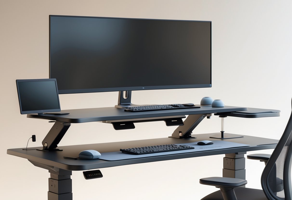 A modern ergonomic desk setup with an adjustable desk height, featuring a widescreen monitor at eye level, a split ergonomic keyboard with wrist rests, an ergonomic mouse, cable management, and a supportive office chair.