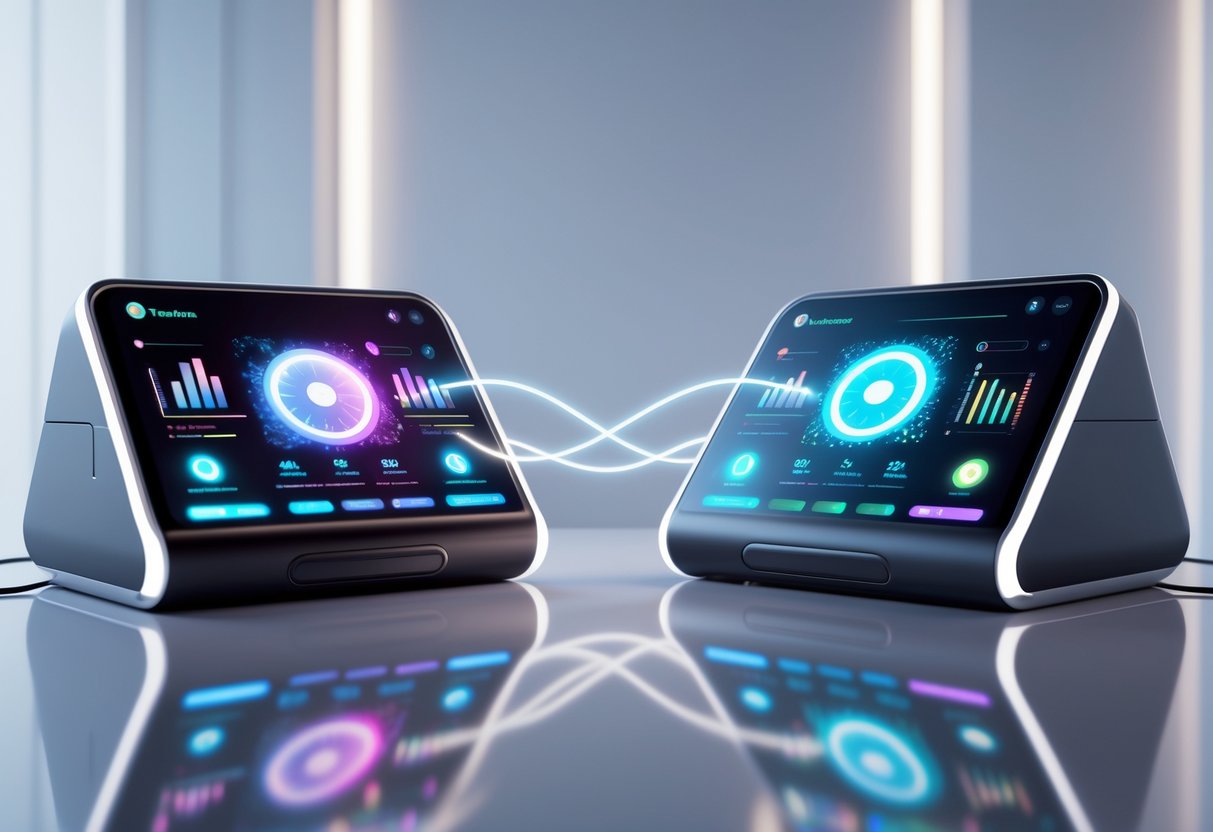 Two futuristic digital trainers side by side on a reflective surface showing holographic dashboards with graphs and icons comparing user experience and interface quality.