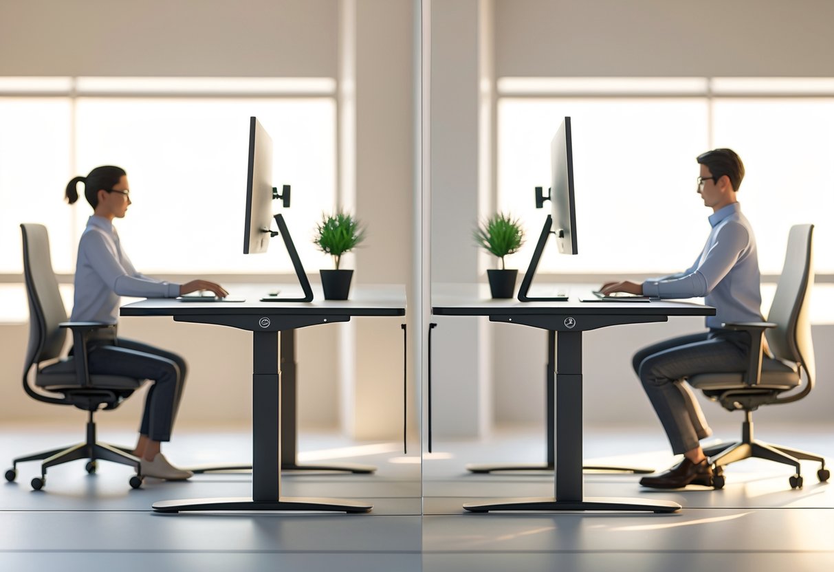 An office scene showing a sit-stand desk with one person sitting and another person standing, each using the desk at different heights.