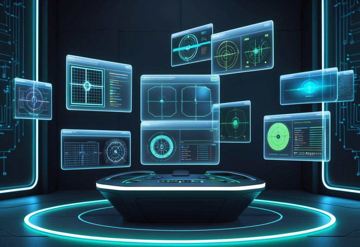 A 3D scene showing multiple floating holographic screens displaying different aim training visuals arranged around a futuristic control console in a high-tech room.