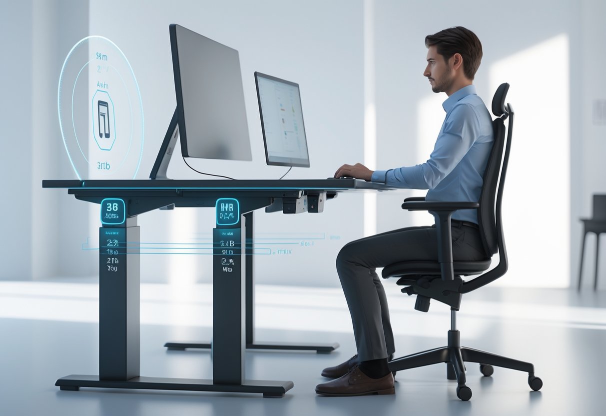 A person sitting at an adjustable desk with correct ergonomic posture, using a computer in a bright office setting.