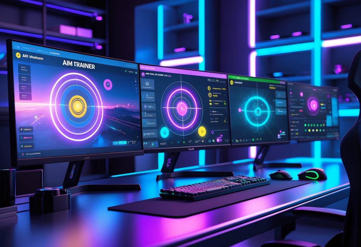 A gaming setup with three computer monitors showing different target practice screens, a keyboard, mouse, and a gaming chair in a well-lit room.