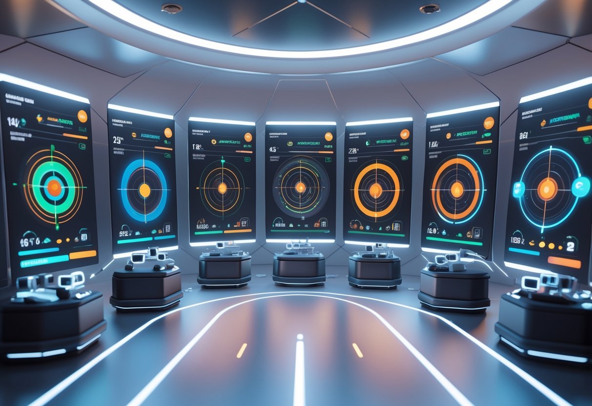 A 3D scene showing several futuristic holographic screens with target reticles and performance graphs arranged in a high-tech virtual room.