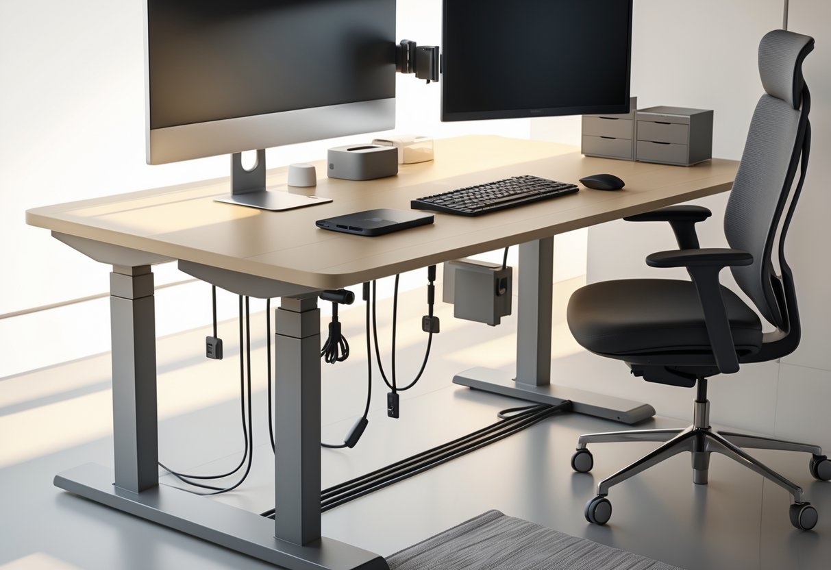 A tidy workspace with an adjustable-height desk, neatly organised cables underneath, a monitor, keyboard, mouse, and an ergonomic chair.