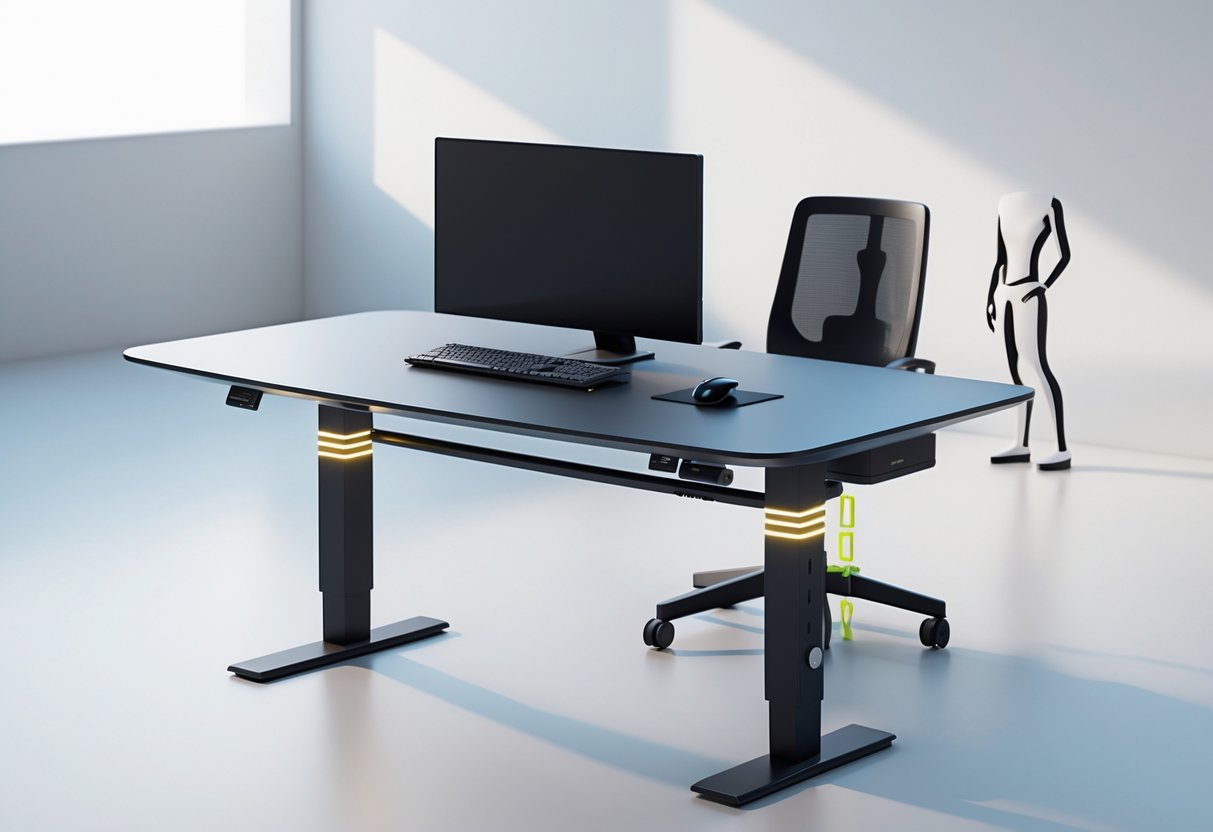 A 3D rendering of an adjustable office desk setup showing correct desk height with an ergonomic chair and a human figure demonstrating proper posture.