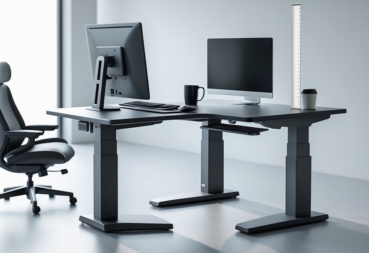 3D rendering of an adjustable office desk set to an ergonomic height with a computer and chair in a modern office environment.