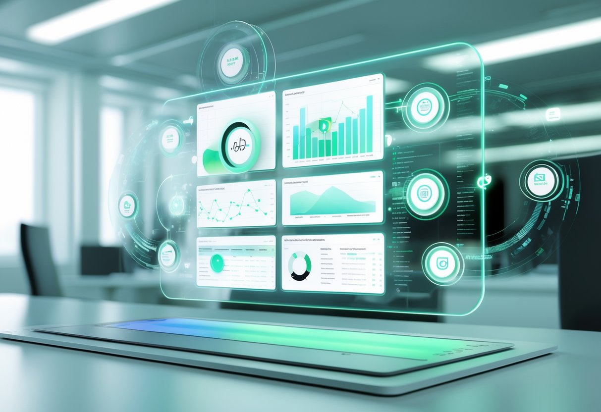 A 3D scene of a futuristic digital workspace with holographic data panels and icons representing demo analysis tools floating above a desk.
