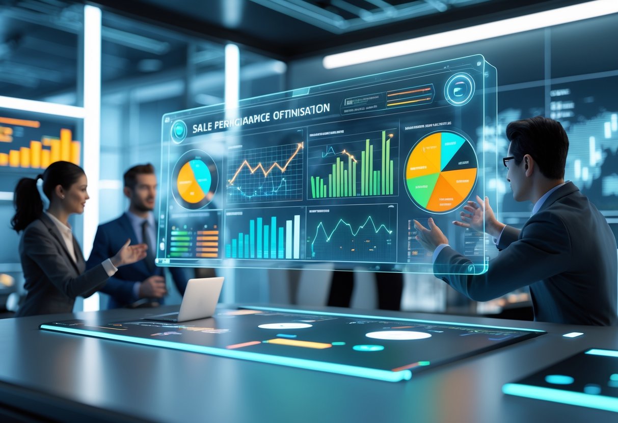 A futuristic office with professionals interacting with holographic sales data and charts floating above a desk.