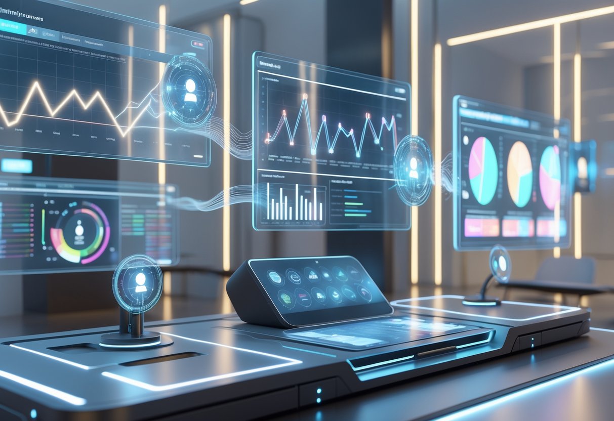 A futuristic workspace with floating holographic screens showing data charts and analysis tools, a sleek control console, and glowing AI icons in a modern office setting.