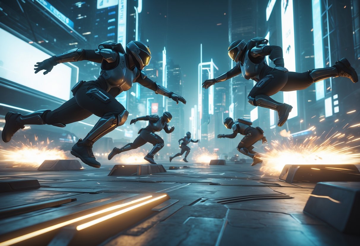A futuristic urban battle scene showing agile fighters performing acrobatic moves and combat actions in a neon-lit arena.