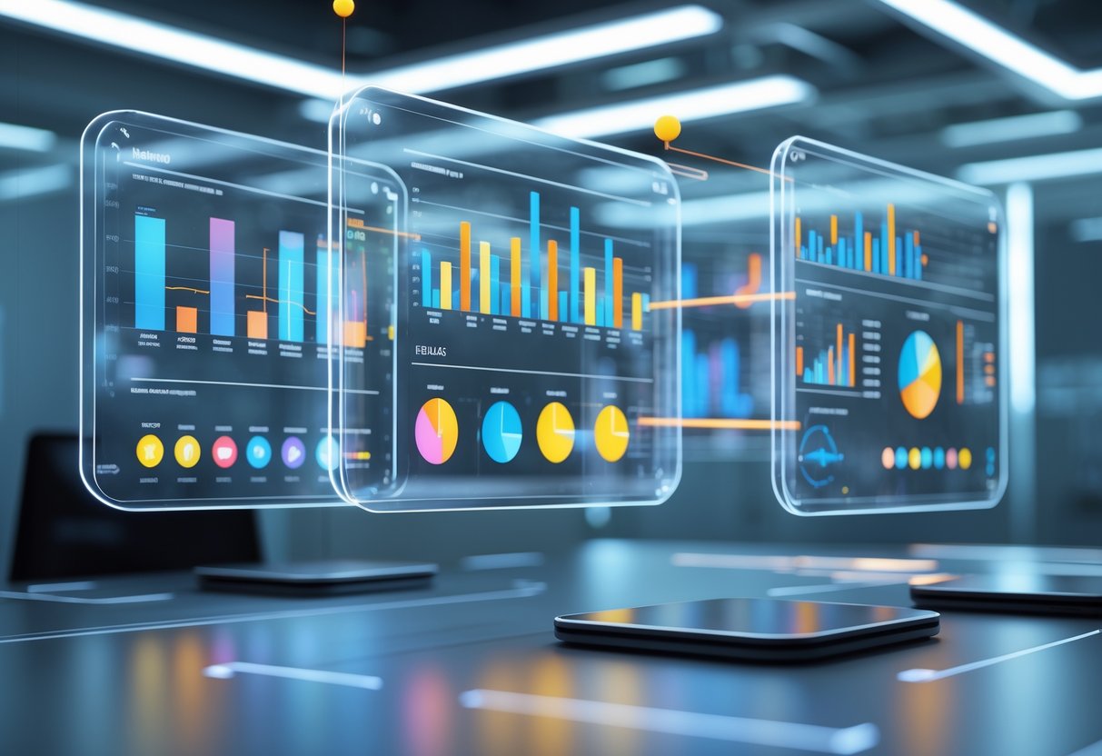 A futuristic workspace with floating holographic screens showing colourful graphs and charts representing data analysis and reporting.