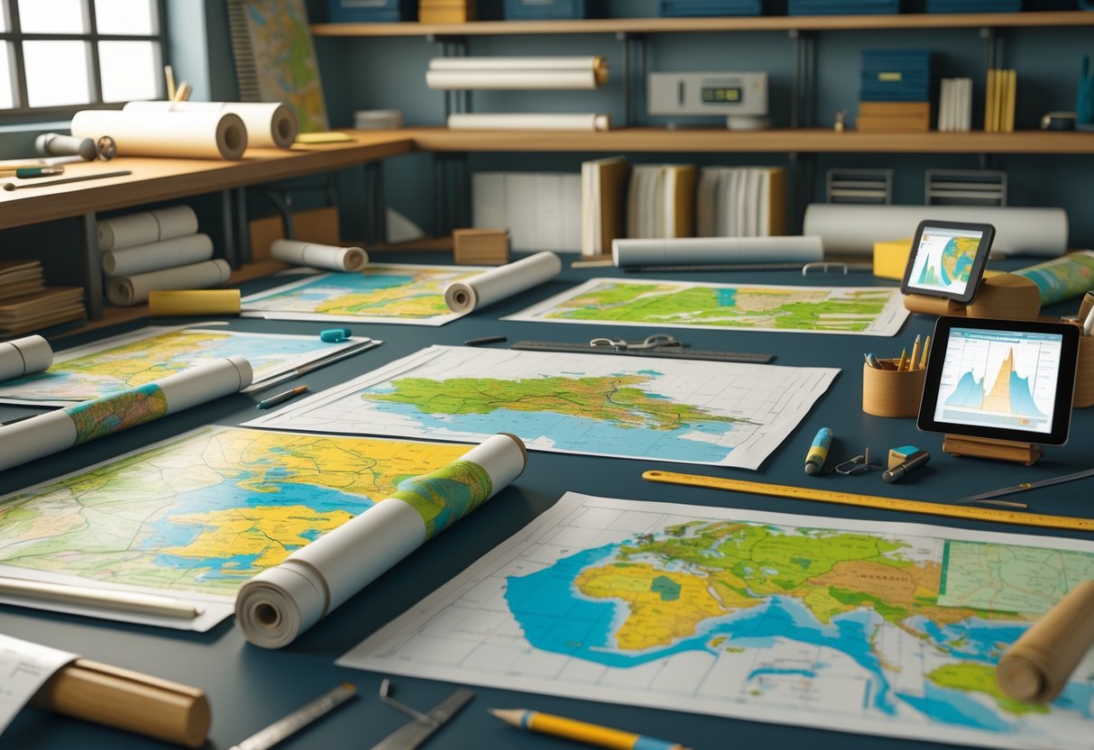 A workshop table covered with various maps and mapping tools, surrounded by shelves holding more maps and equipment.