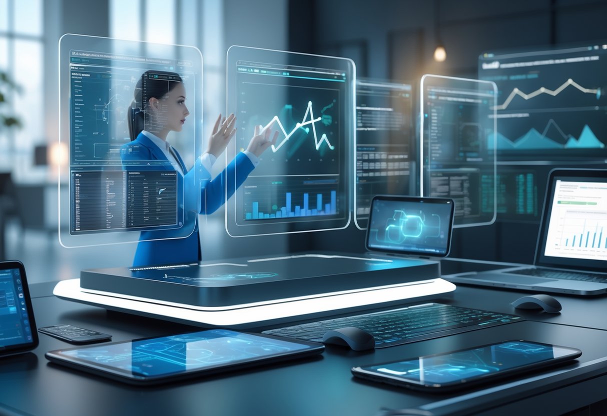 A person interacting with multiple holographic data screens in a high-tech office environment, analysing charts and graphs on a futuristic workspace.