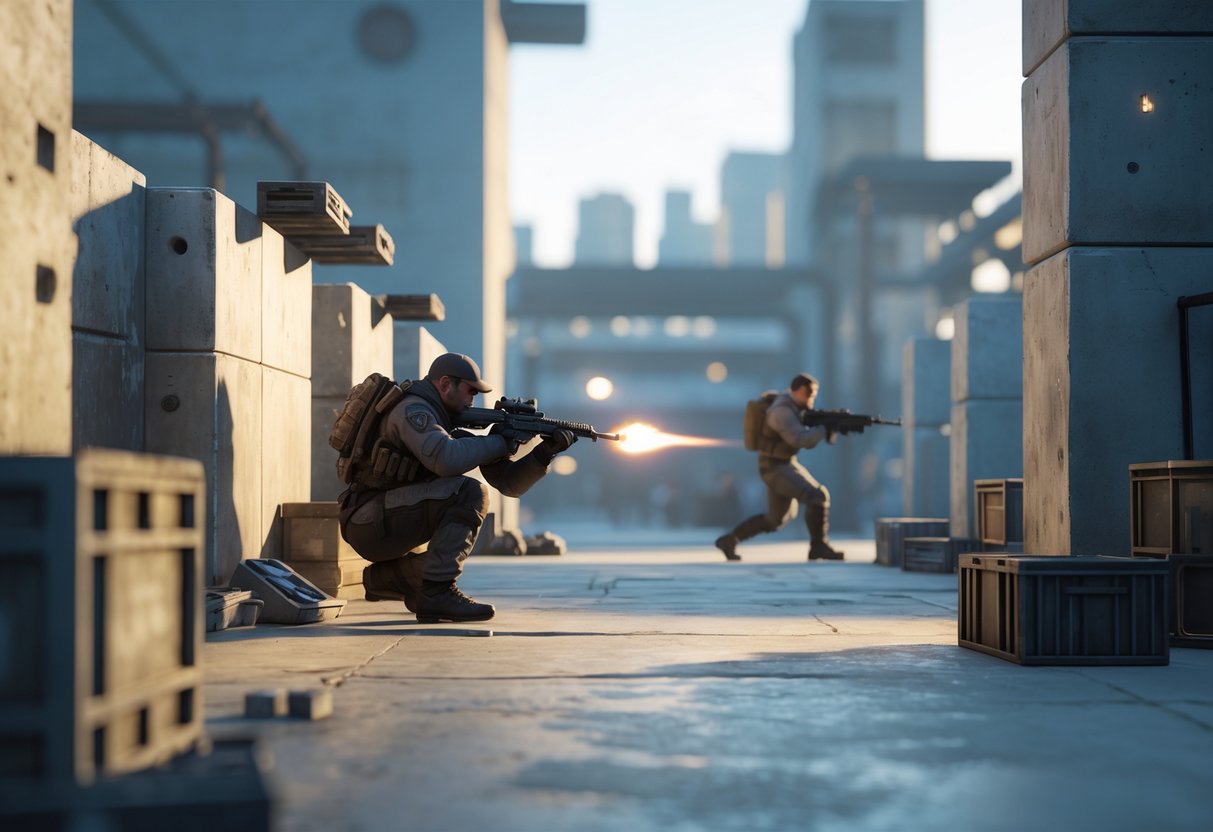 Two combatants using cover and strategic positioning in a futuristic urban deathmatch setting with obstacles and buildings around them.