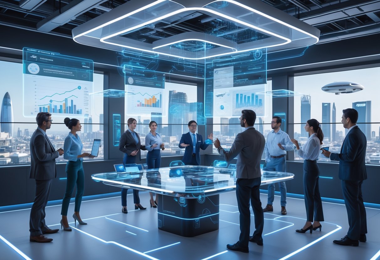 A futuristic workspace with holographic displays, interactive product models, and professionals collaborating using advanced demo analysis tools.