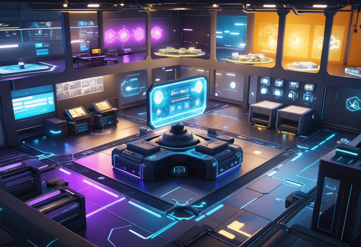 A 3D scene showing a futuristic workshop with multiple rooms and glowing displays representing different game modes.