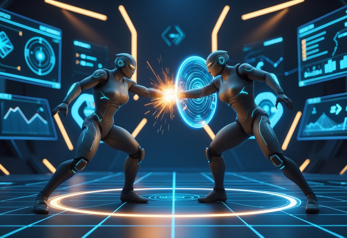Two futuristic figures engaged in a focused duel inside a high-tech arena with glowing energy effects and holographic data displays around them.