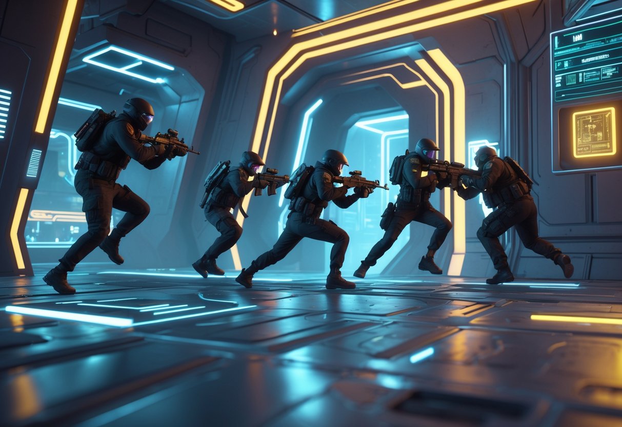 A futuristic urban combat arena with several armed agents engaged in a fast-paced battle, using cover and movement in a tactical shooter game.