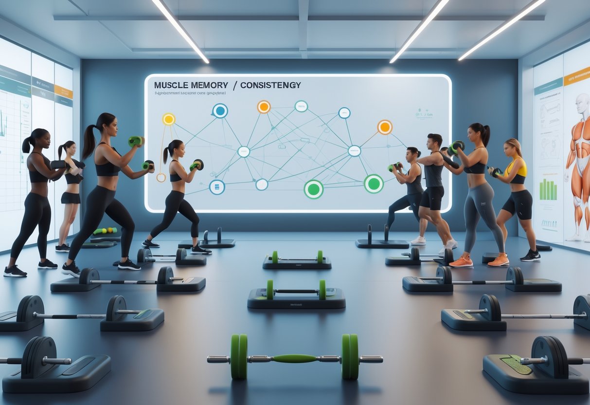 A 3D scene of a training workshop with people exercising using various equipment and a central holographic display showing pathways related to muscle memory and consistency.