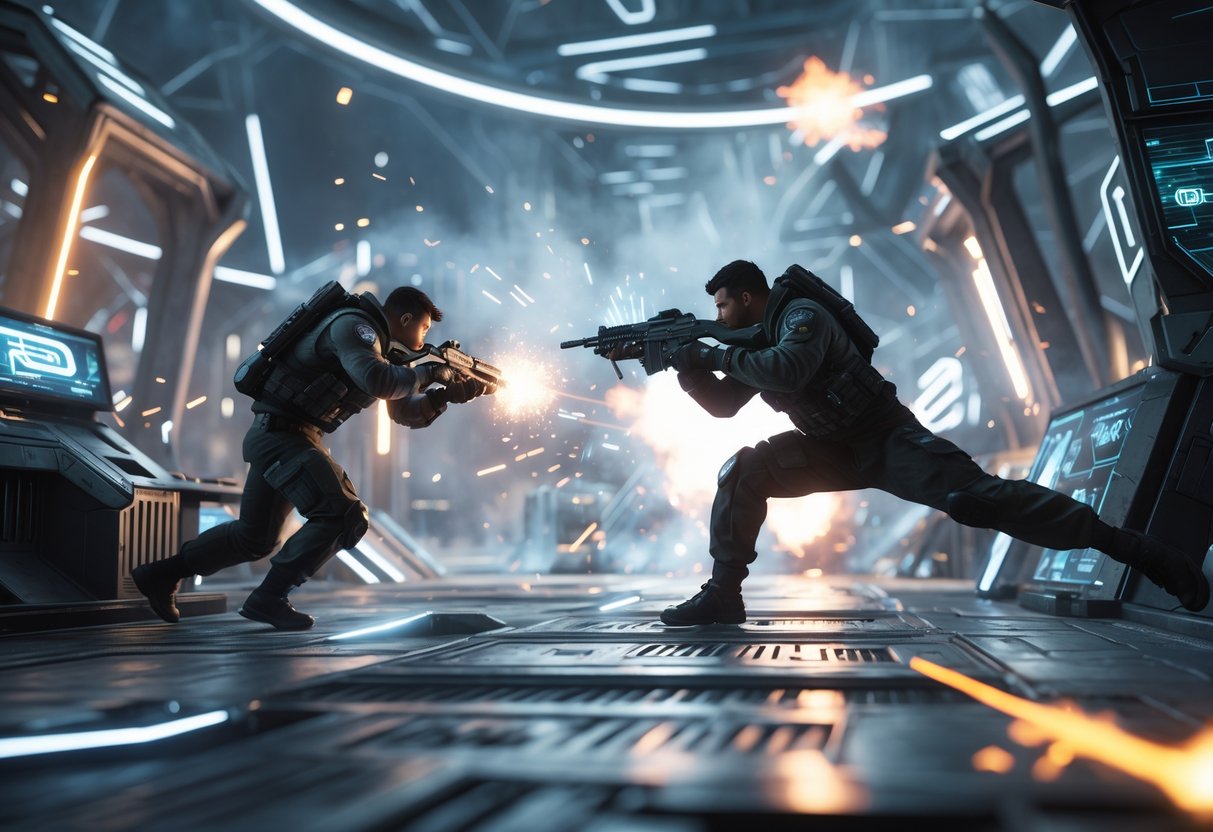 Two players engaged in a fast-paced battle inside a futuristic urban arena with neon lights and high-tech structures.
