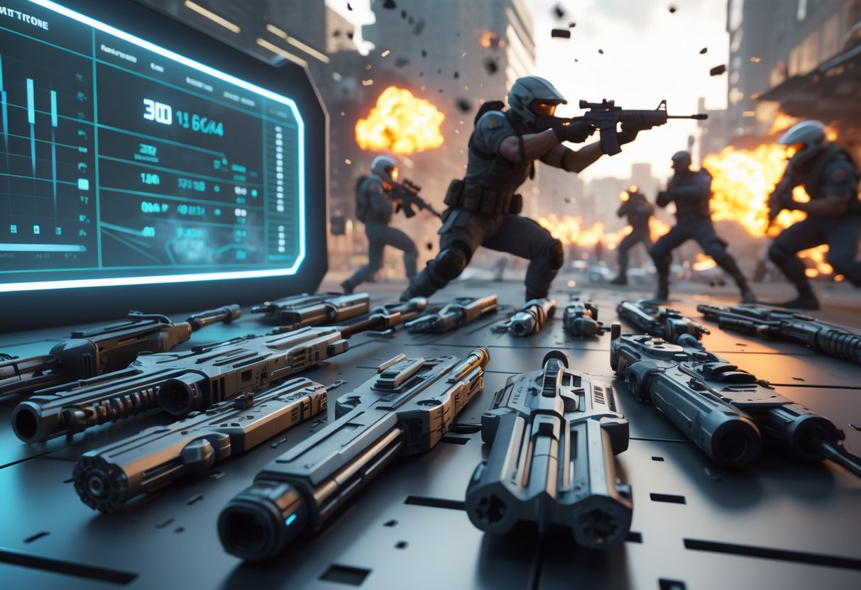 A gamer in tactical gear rapidly switching weapons on a chaotic urban battlefield filled with explosions and combatants.