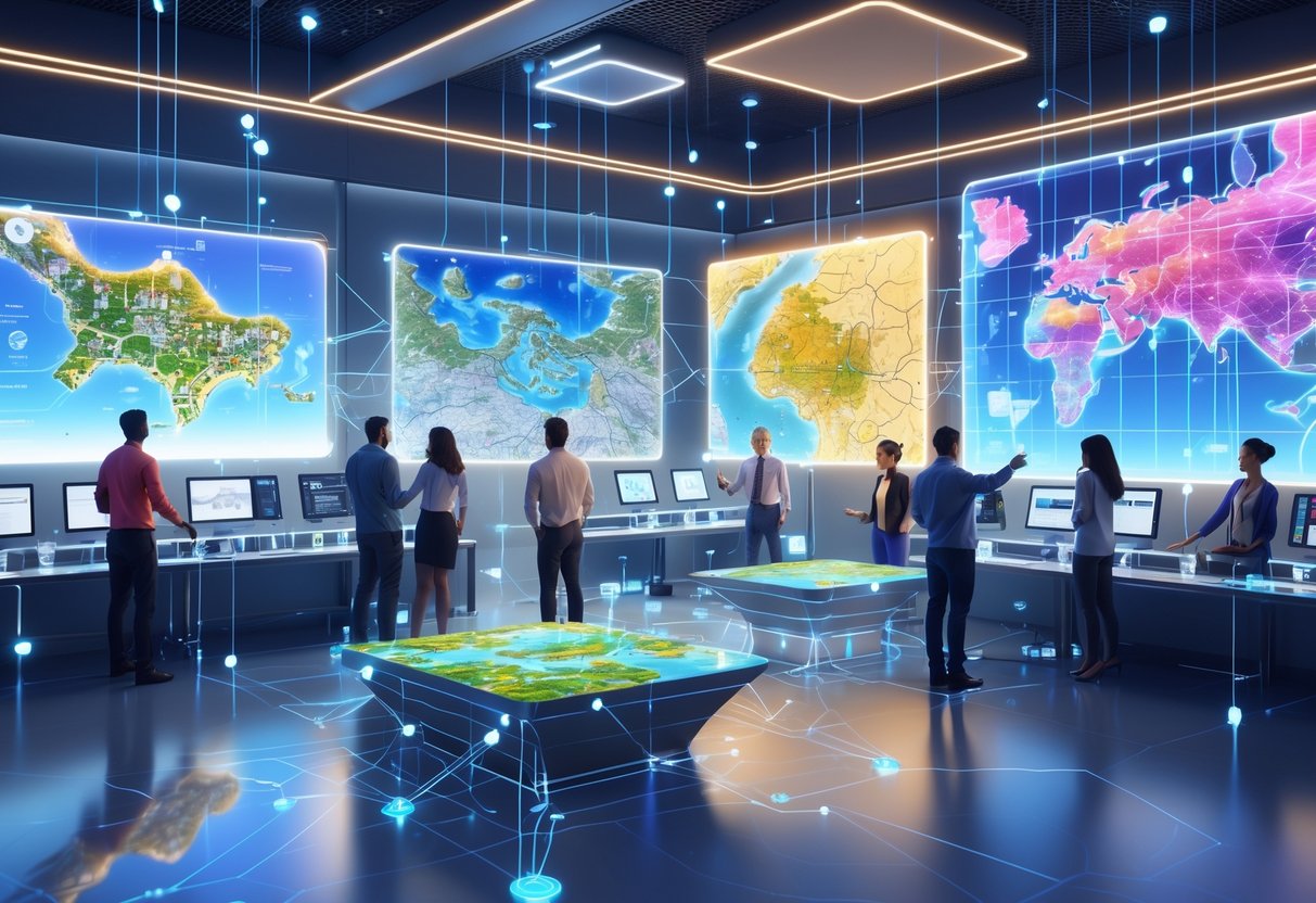 A group of people in a bright workshop sharing and discussing detailed digital maps displayed on large holographic screens.