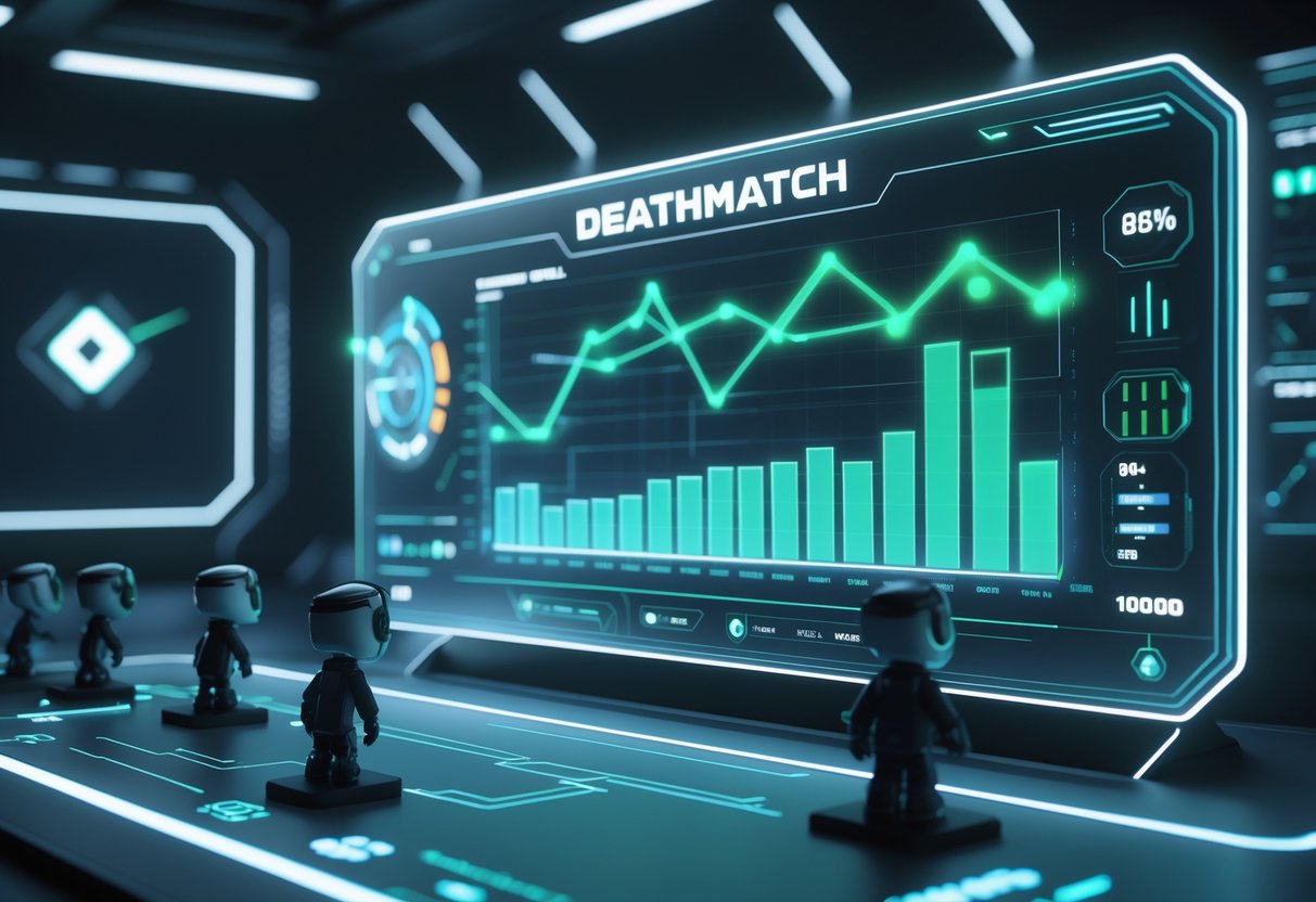 A futuristic digital dashboard showing player progress and effectiveness in a deathmatch game, with avatars and glowing charts in a high-tech control room.