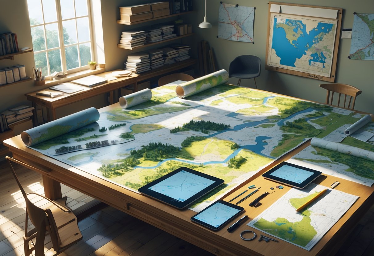 A workshop room with a table covered in detailed maps and tools for editing, surrounded by shelves with books and map materials.