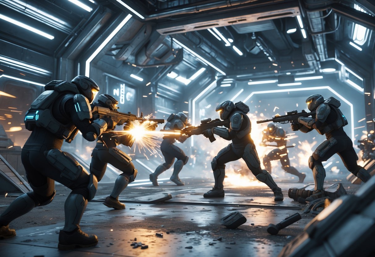 A futuristic arena with armed combatants fighting intensely using advanced weapons amid neon-lit structures and scattered debris.