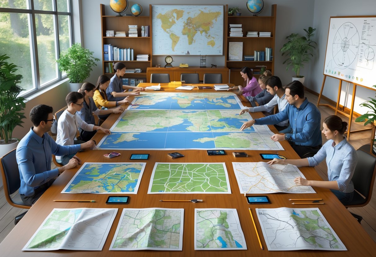 A group of people gathered around a table covered with maps and navigation tools in a workshop room with maps and educational materials on the walls.