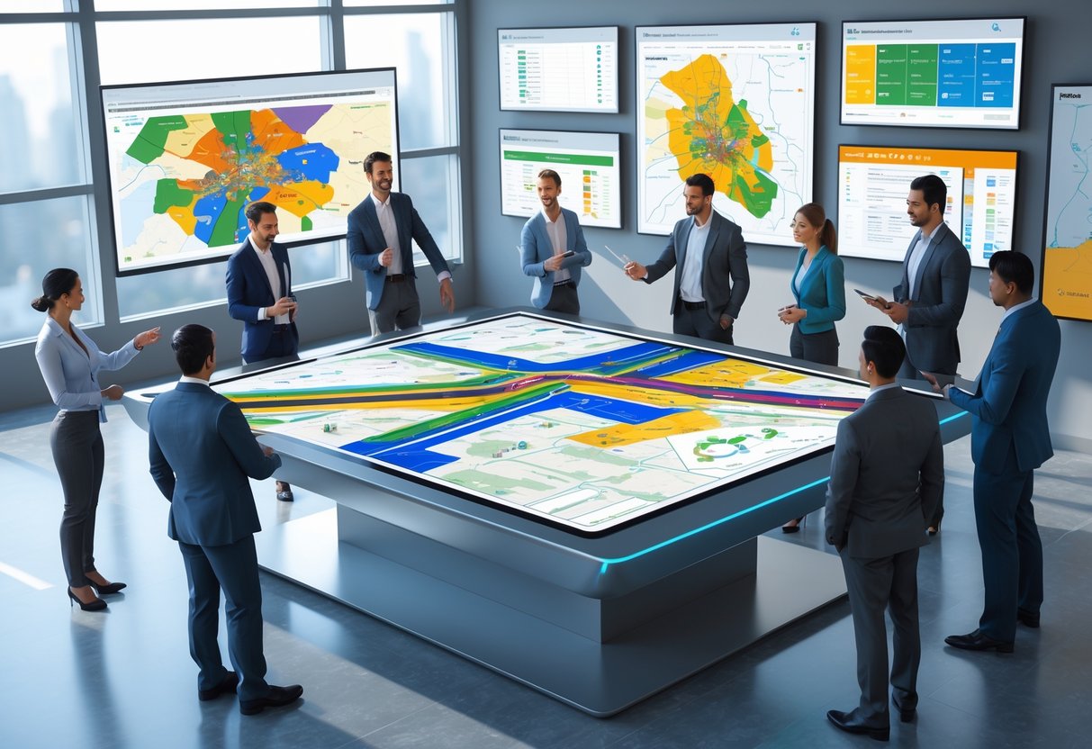 A group of people gathered around a digital table with colourful maps, discussing and collaborating in a bright training room.
