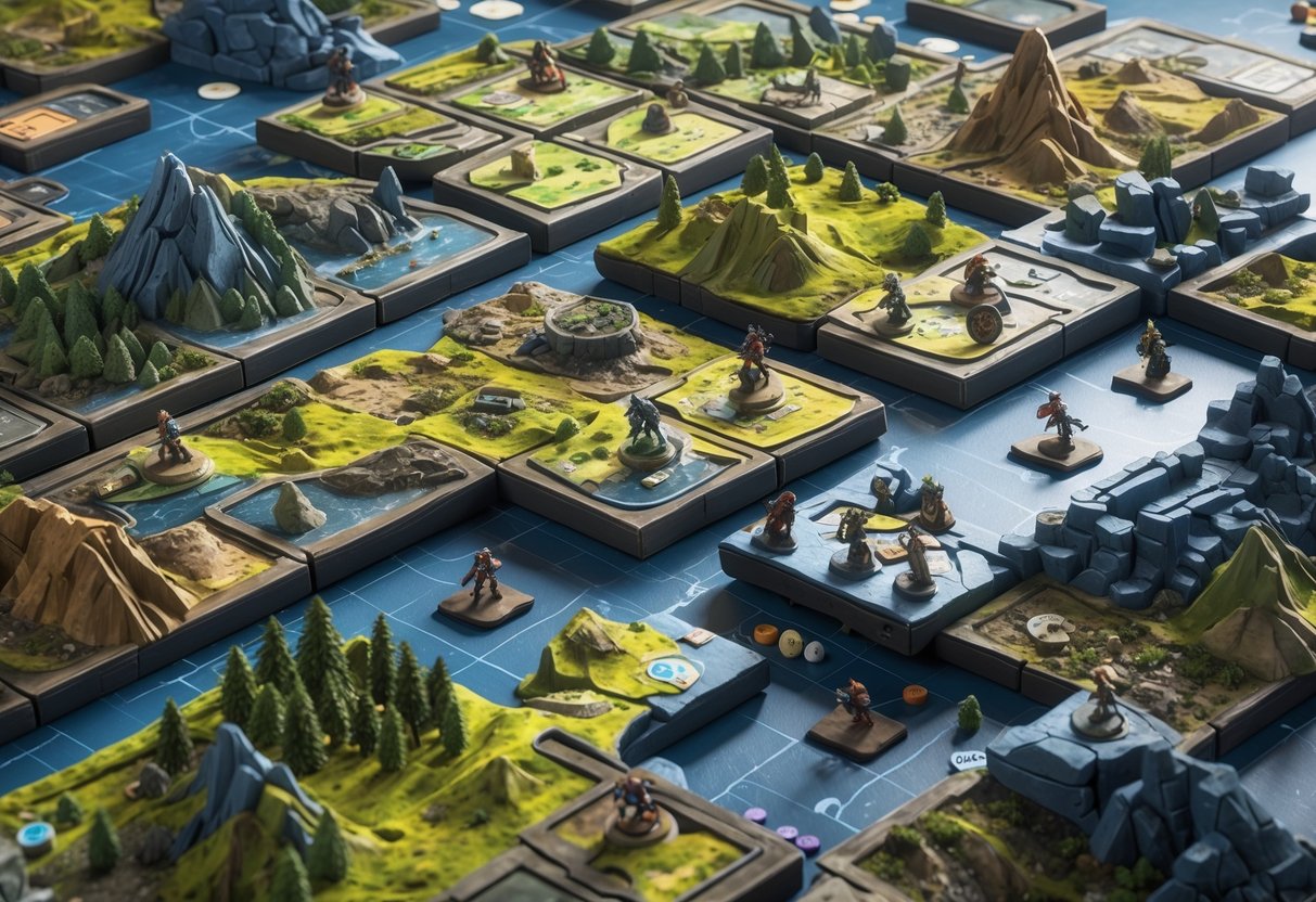 A detailed 3D scene of a large game board with various terrains and miniature figures positioned for gameplay.