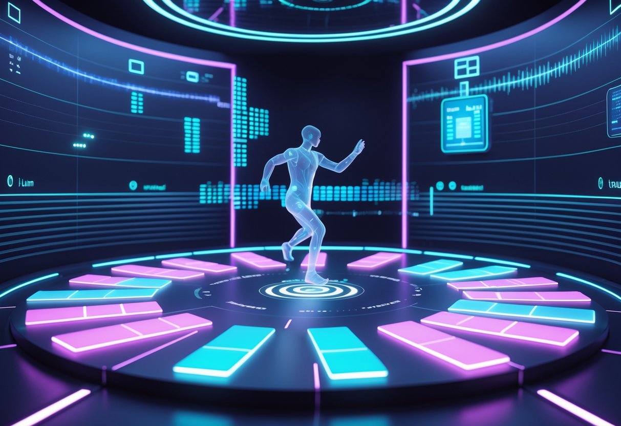 A humanoid figure interacting with glowing panels arranged in a circle, surrounded by floating waveforms and digital timing indicators in a high-tech training room.