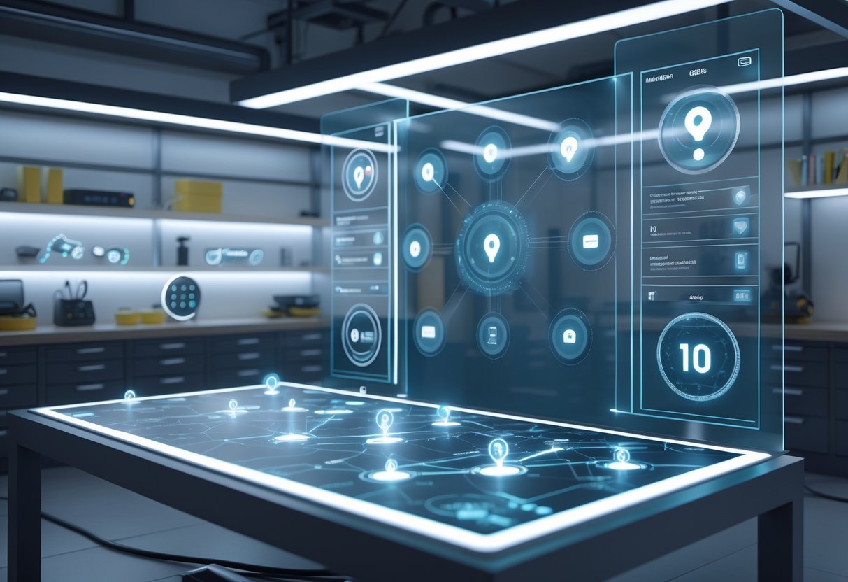 A 3D scene of a workshop with a digital map on a table surrounded by holographic panels showing question and information icons, with tools and shelves in the background.