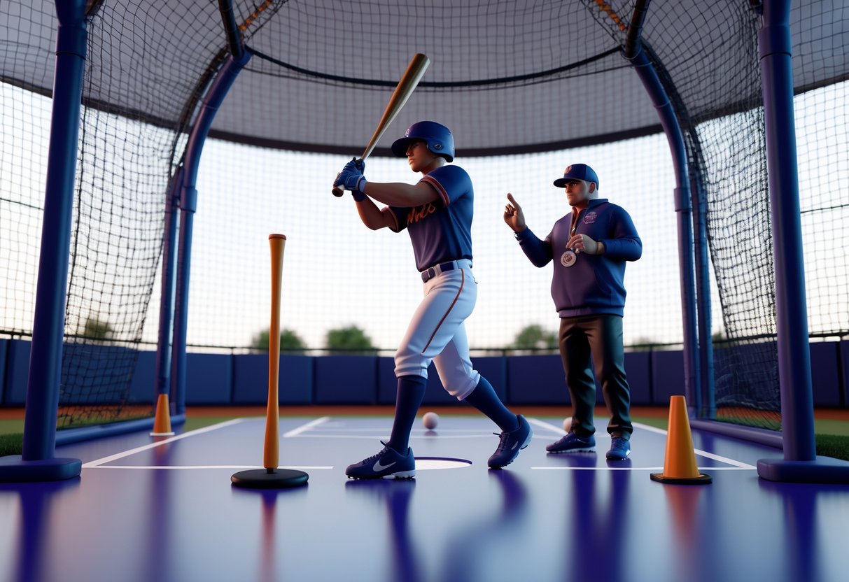 A young baseball player swinging a bat inside a batting cage while a coach watches and points at the player's hands.