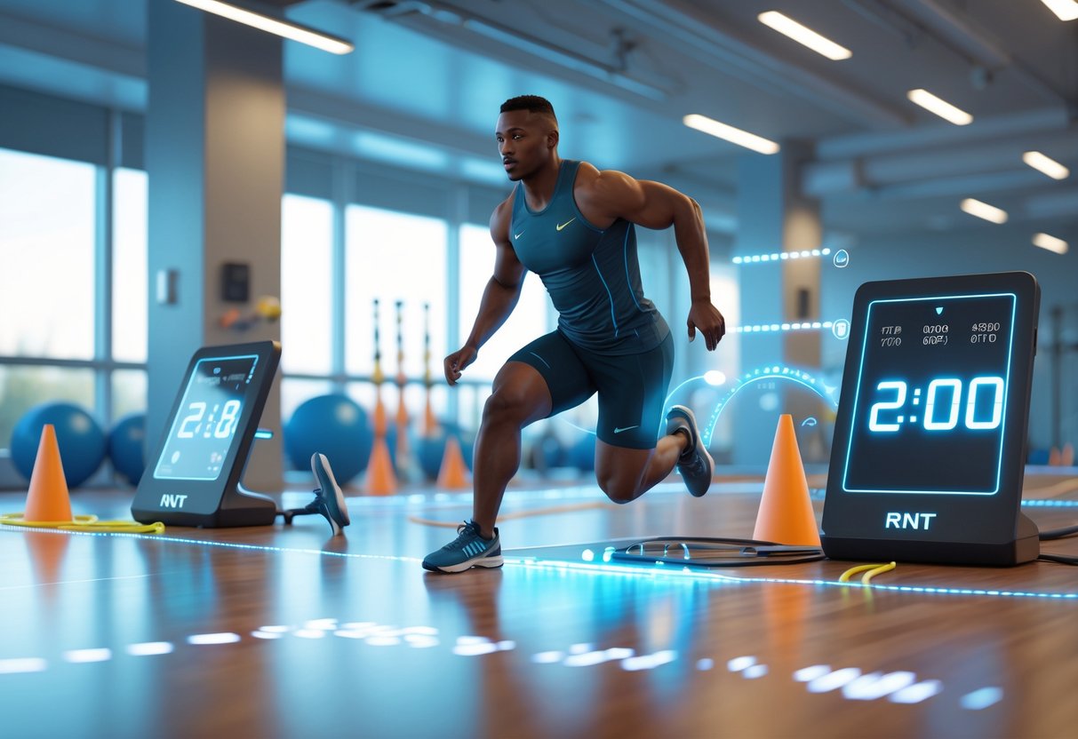 An athlete performing timing drills inside a modern indoor sports facility with training equipment and digital sensors around them.