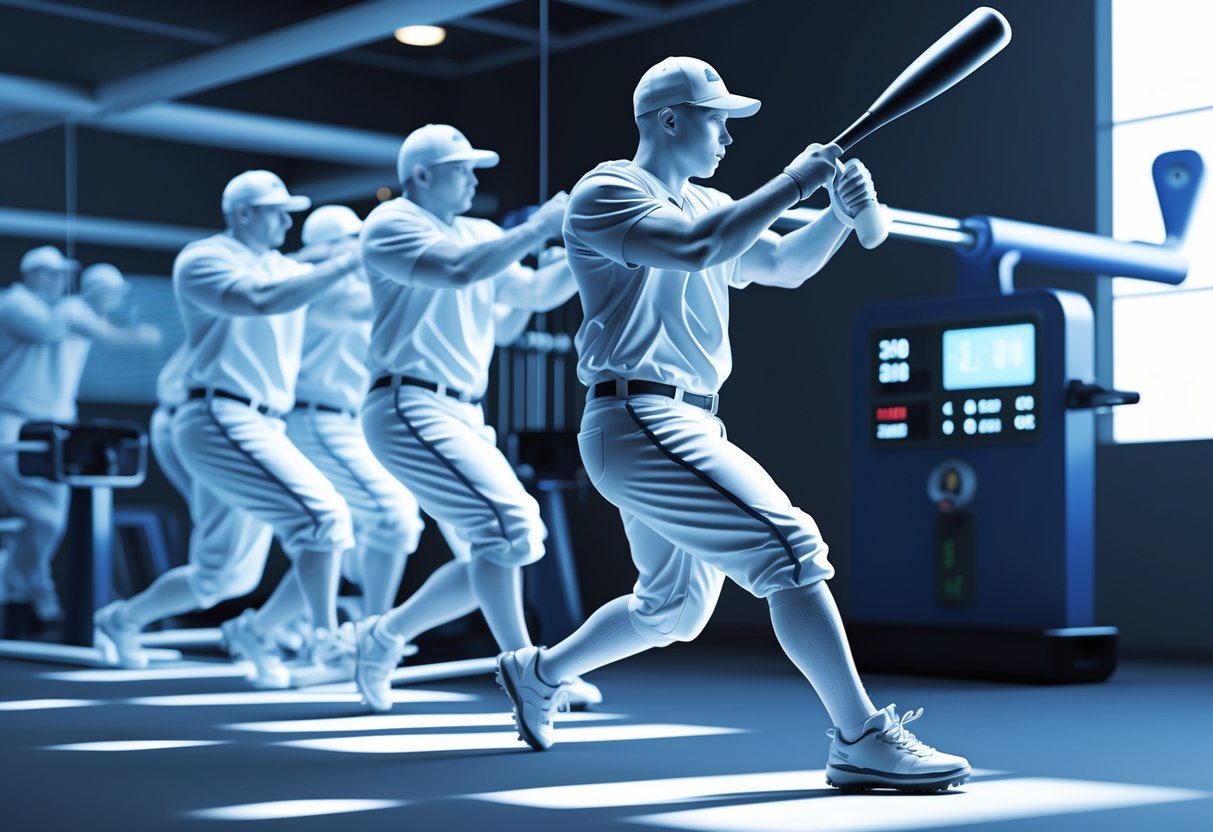 An athlete performing a swing motion in a sports training facility, shown in multiple translucent phases to demonstrate timing and technique.