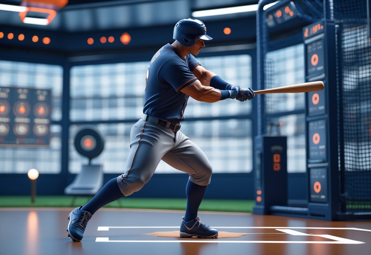 A baseball player swinging a bat inside a training facility with timing sensors and equipment around.
