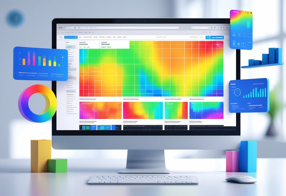 A computer screen showing a website with coloured areas indicating where users interacted most, using a range of colours from blue to red to show activity levels.