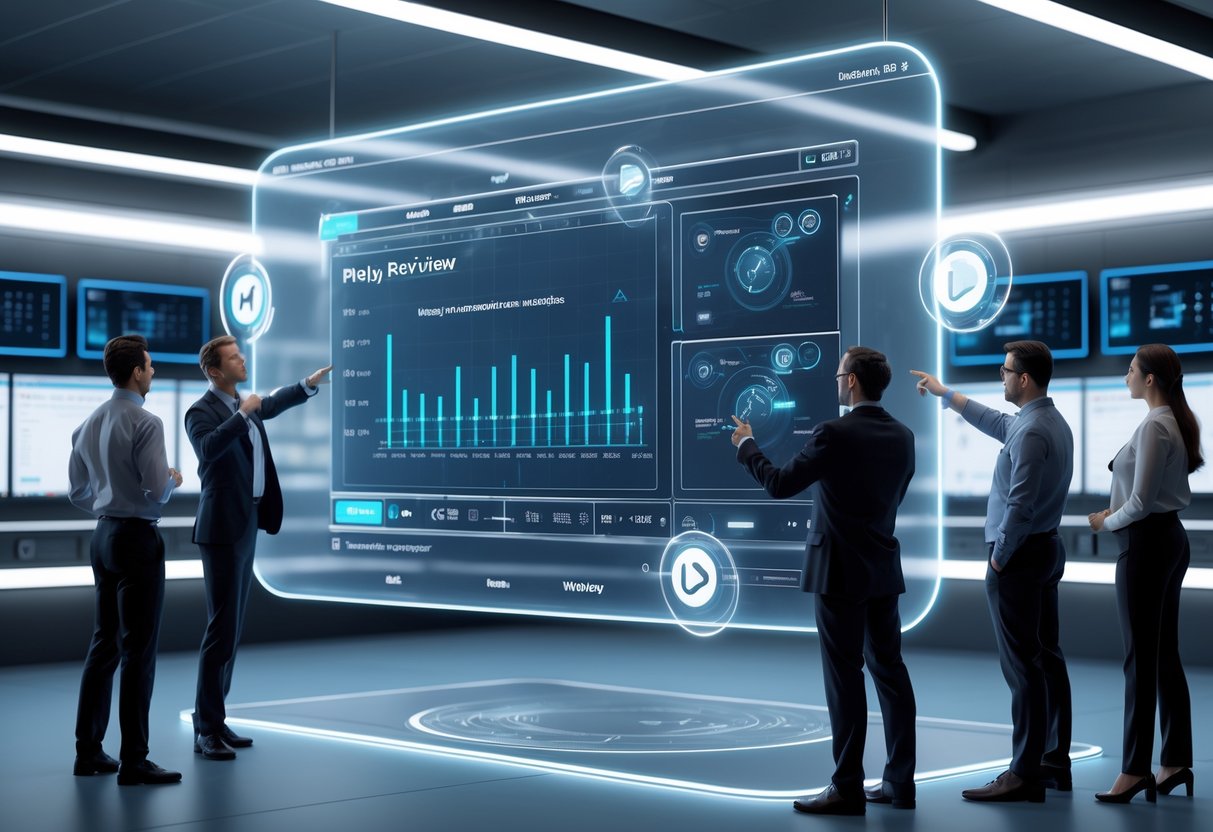 A group of people collaborating around a large transparent digital screen showing video playback controls and data overlays in a futuristic workspace.