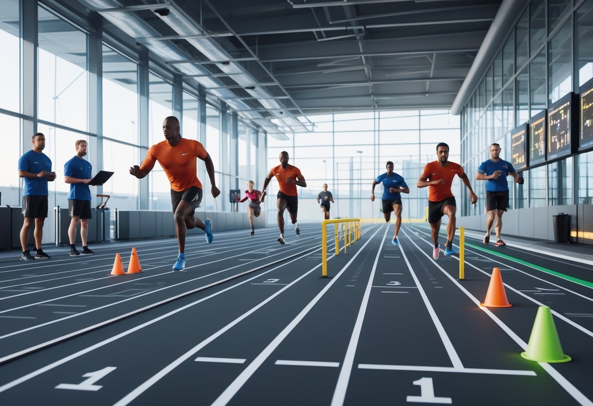 A sports training facility with athletes performing timing drills on a track while coaches observe.