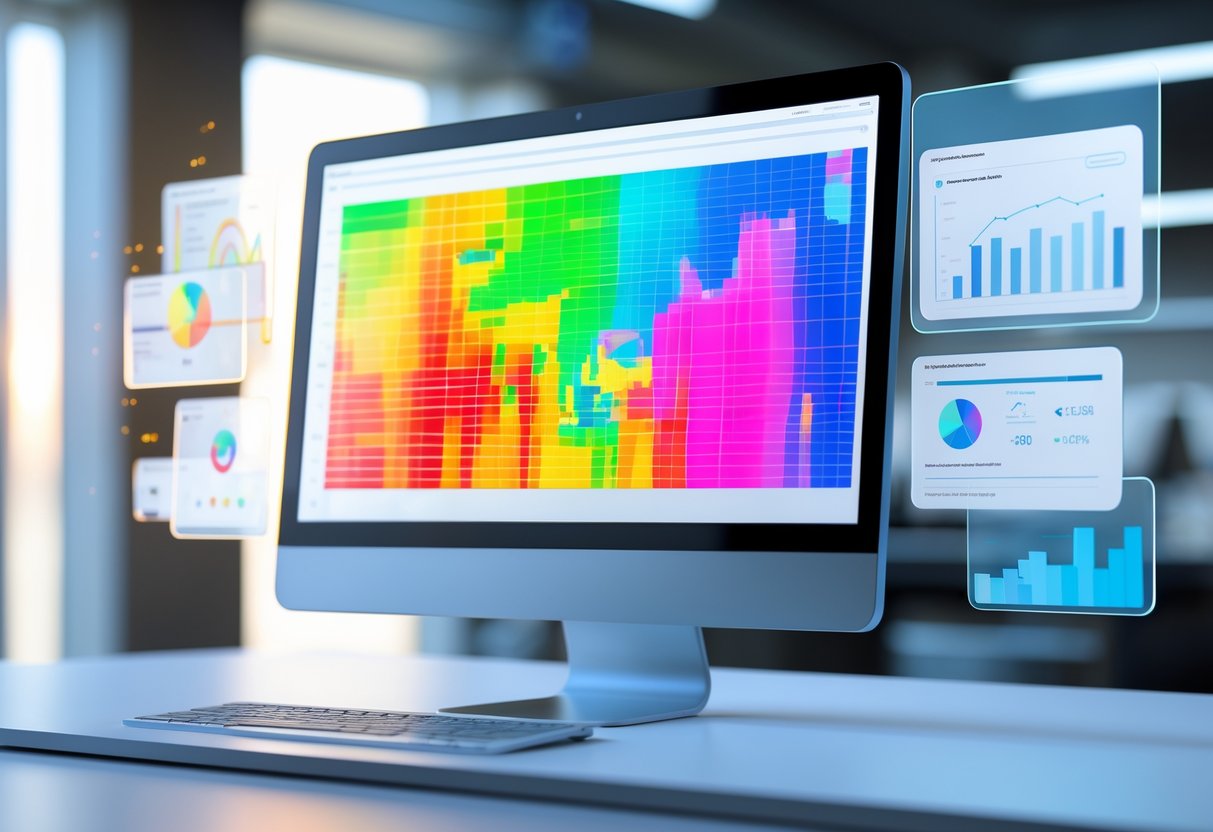 A computer screen showing a colourful heat map over a website with floating data charts around it in a modern office setting.