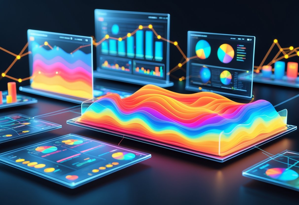 A 3D scene showing colourful heat maps integrated with various charts and network diagrams on floating transparent panels in a dark environment.