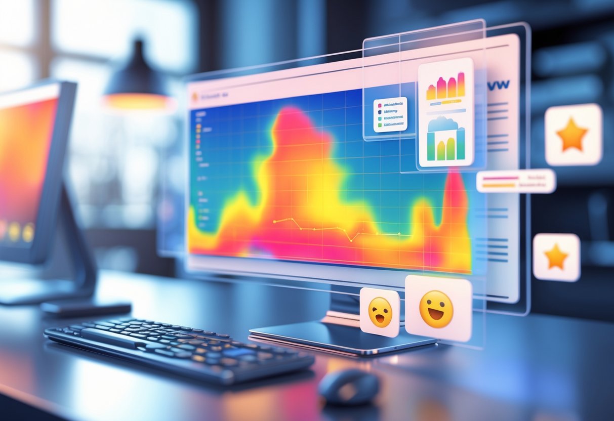 A 3D digital dashboard showing a colourful heat map on a website interface with floating panels displaying user feedback like star ratings and comments.