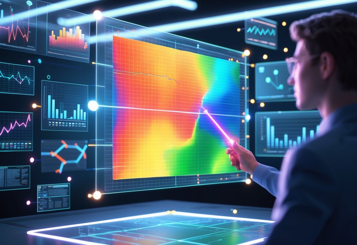 A person interacting with a large floating heat map display surrounded by holographic charts and graphs in a modern high-tech workspace.