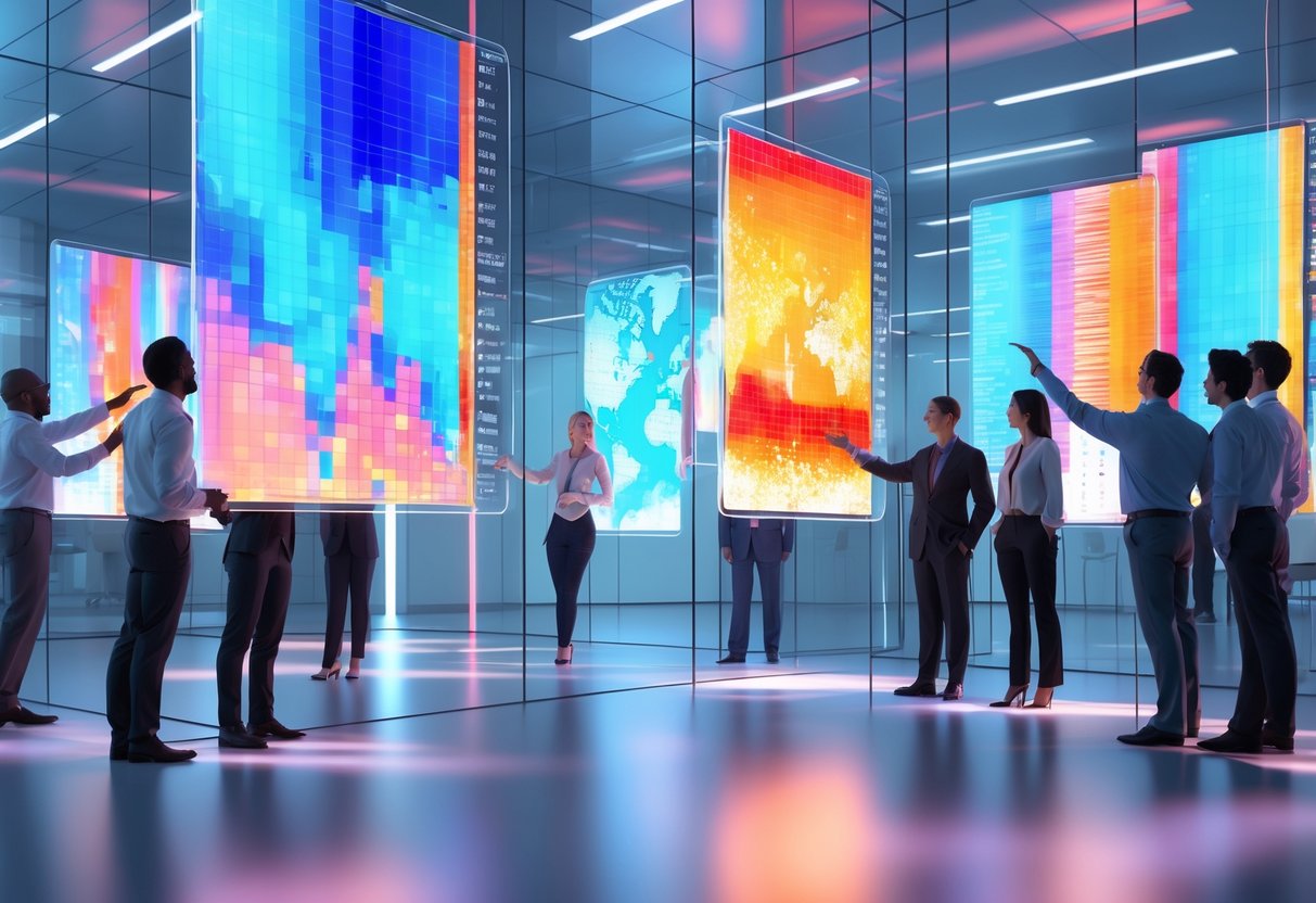 A group of professionals in a modern office examining colourful heat maps displayed on transparent digital screens.